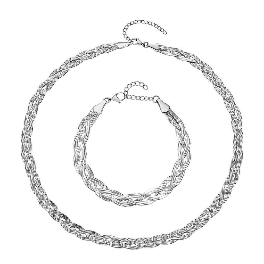 2er Set, Geflochtene Halskette und Armband, Edelstahl silberfarben