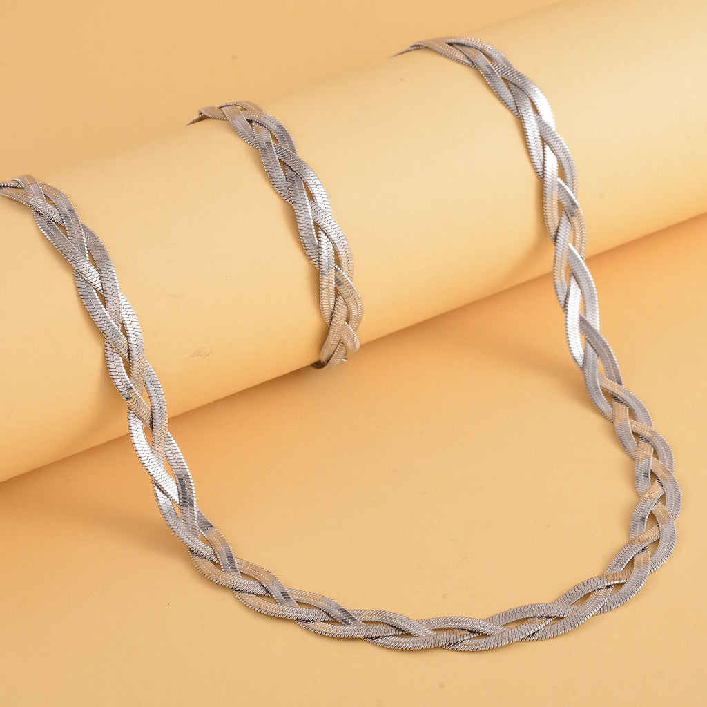 2er Set, Geflochtene Halskette und Armband, Edelstahl silberfarben