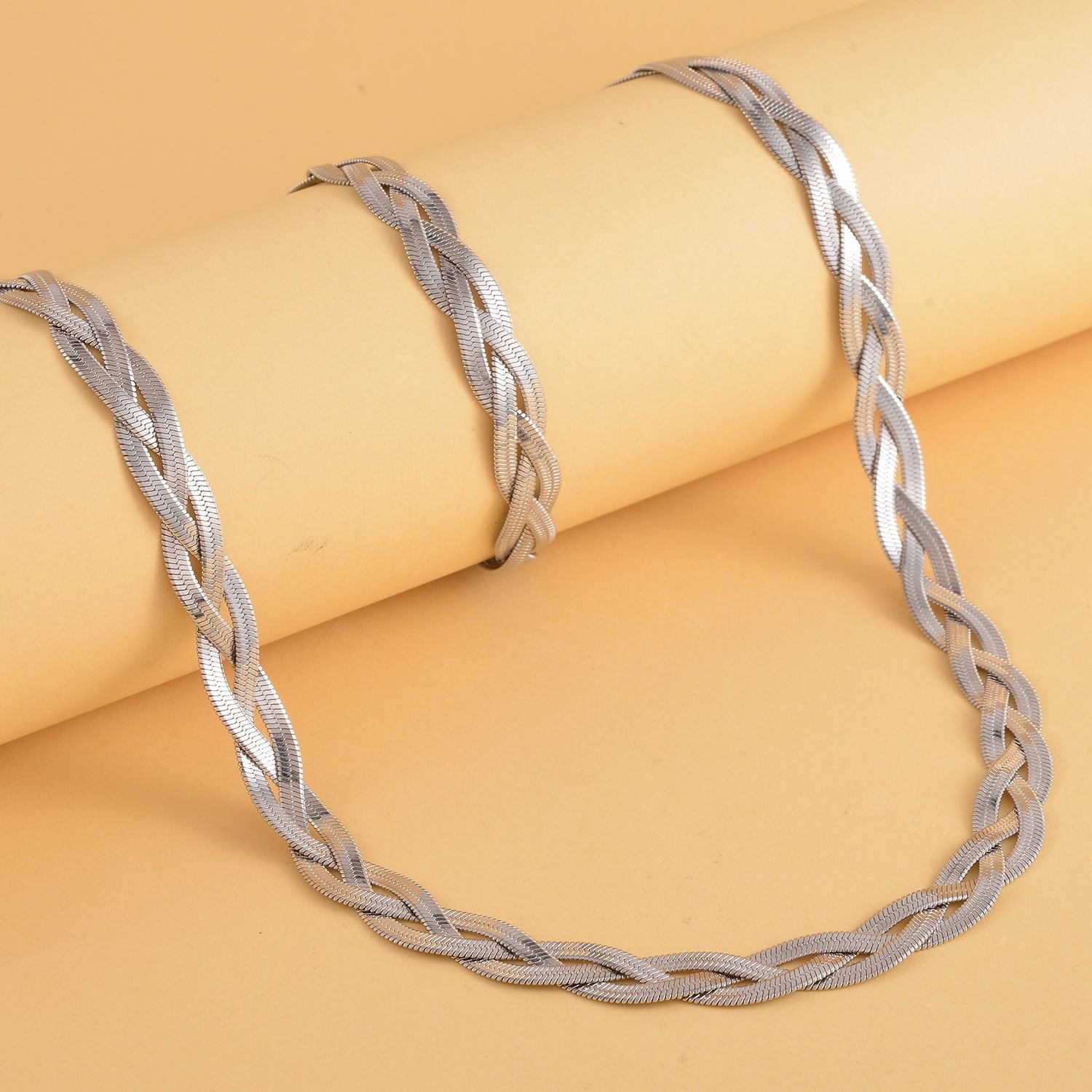2er Set, Geflochtene Halskette und Armband, Edelstahl silberfarben