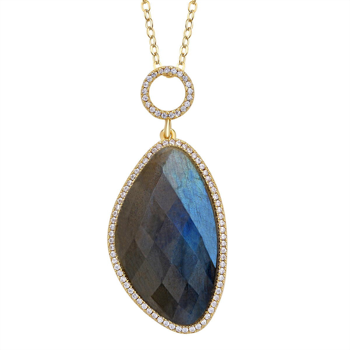 Labradorit Halo, Weißer Zirkonia Anhänger mit Kette,ca. 18.00 ct