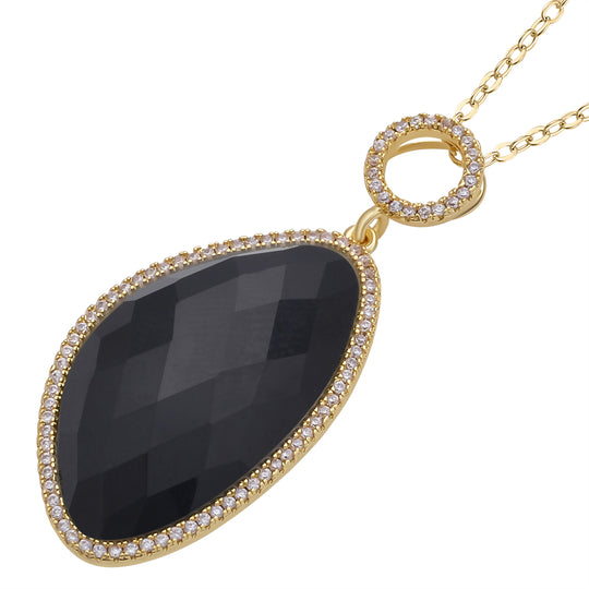 Schwarz gefärbter Achat, Weißer Zirkonia Anhänger mit Kette, ca. 18.00 ct