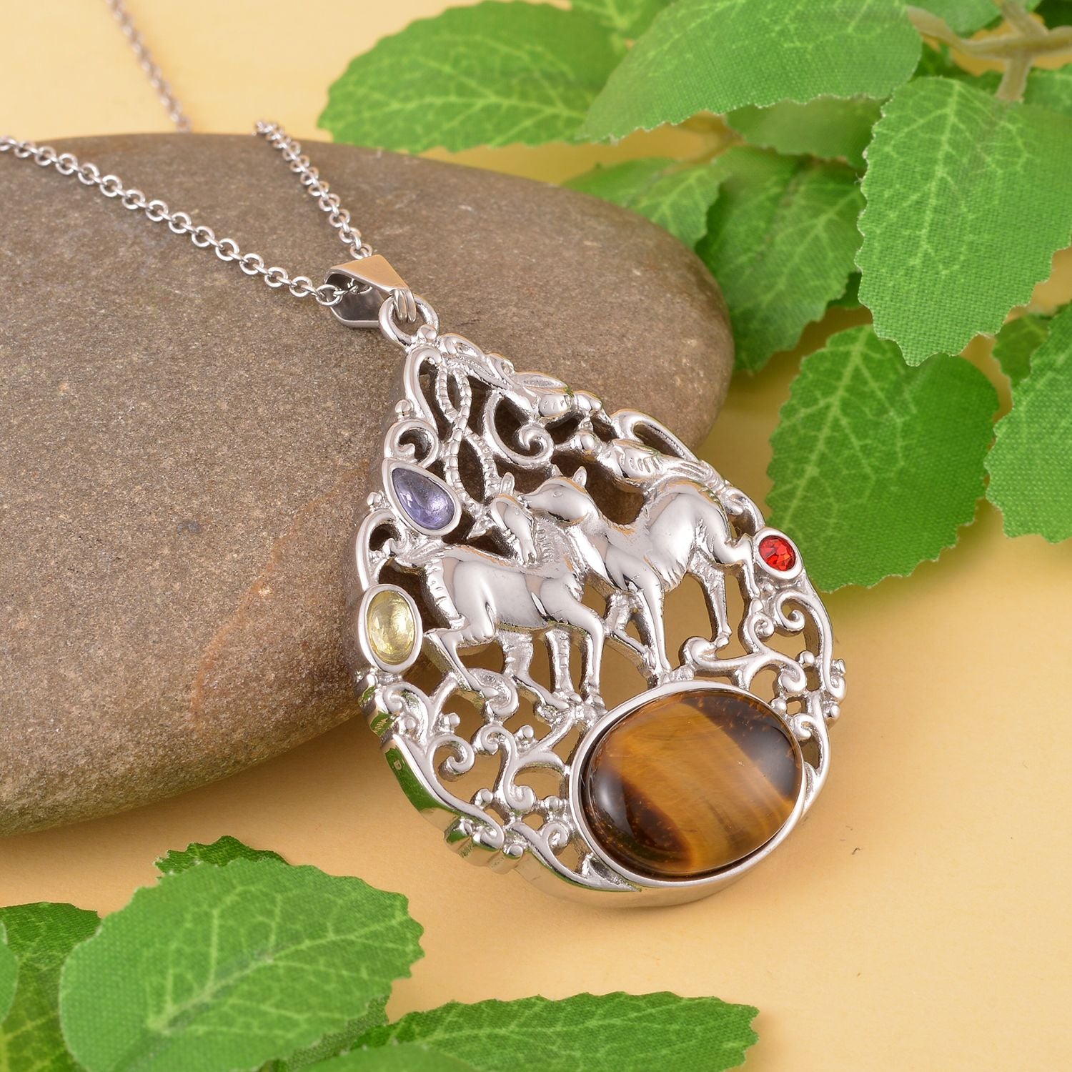 Gelbes Tigerauge, gelber Zirkonia Anhänger mit Kette, 316L Edelstahl