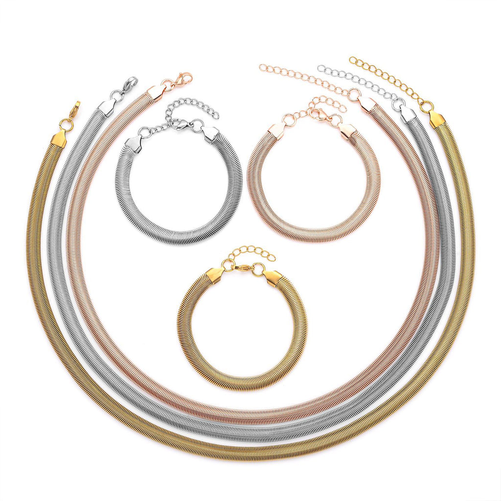 EVER TRUE 6er - Schlangen Halskette und Armband, 316L Edelstahl 750 vergoldet und 750 rosévergoldet