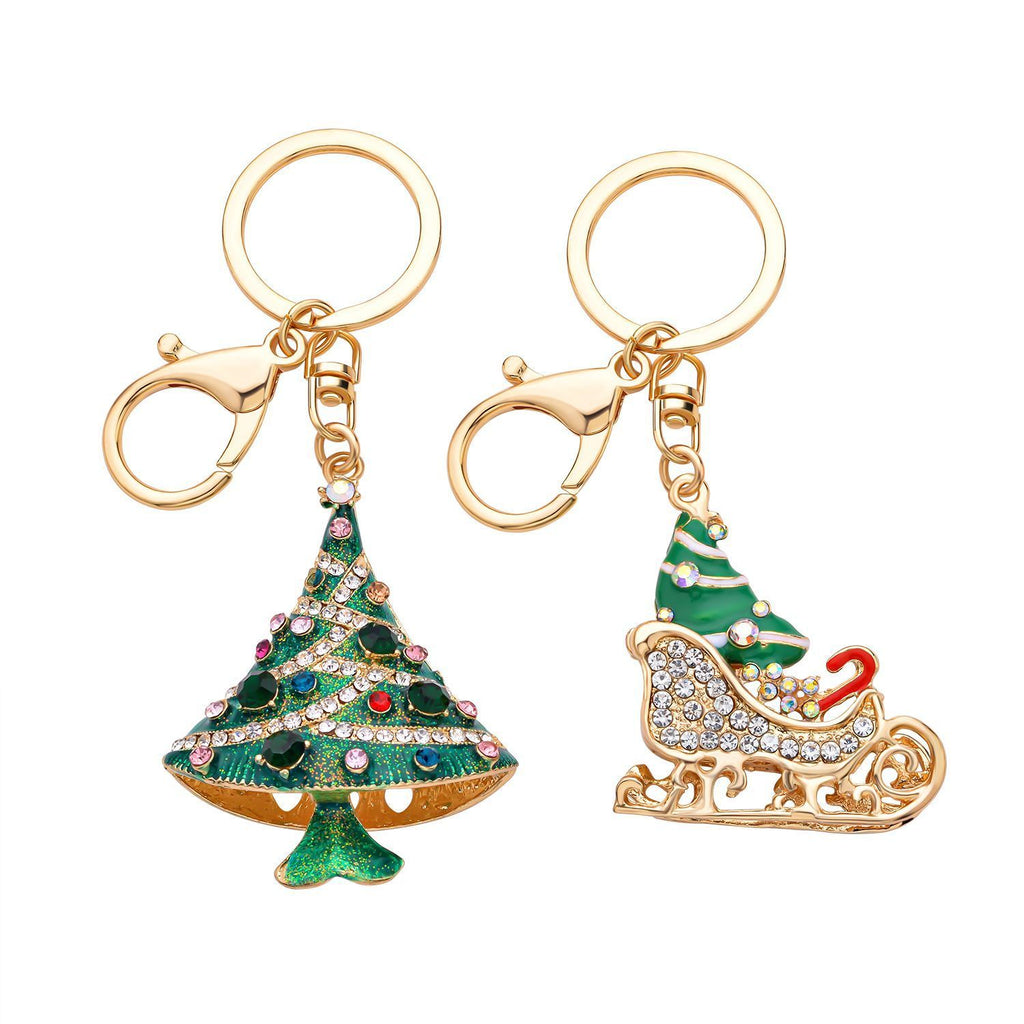 2er Set - mehrfarbige Kristall Weihnachtsbaum- und Weihnachtsgeschenke-Schlitten Schlüsselanhänger