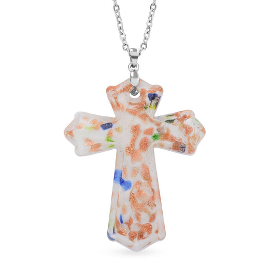 Mehfarbiger Murano-Stil Glas Kreuz-Anhänger mit 60cm Kette, Weiß