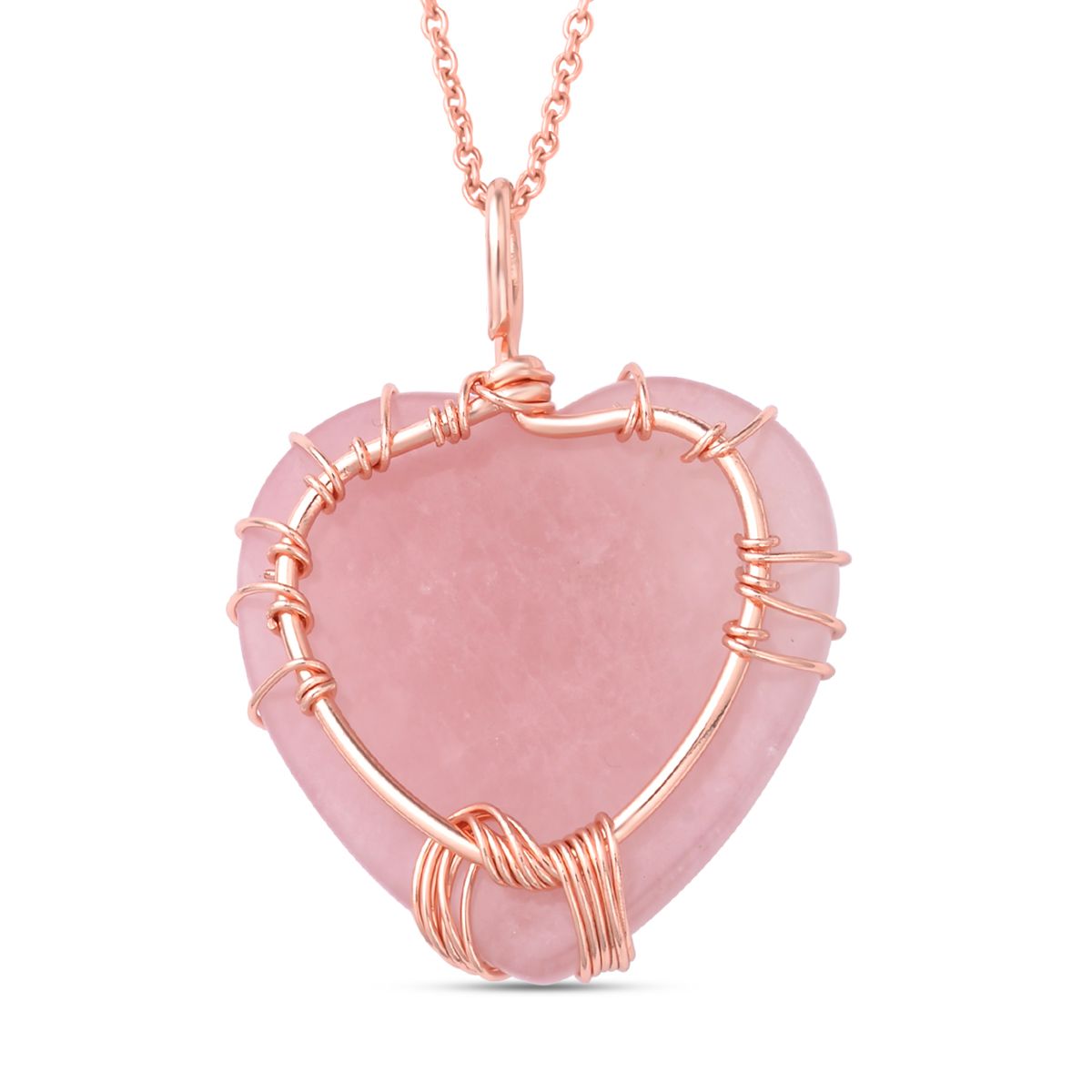 Rosenquarz Herzanhänger mit Kette, Messing und Edelstahl, rosévergoldet, ca. 50.00 ct