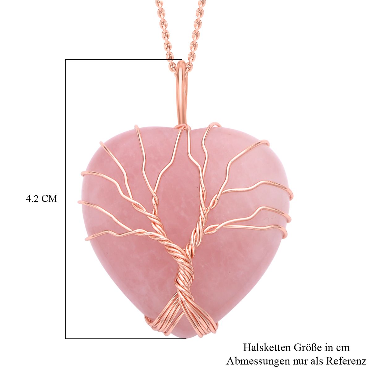 Rosenquarz Herzanhänger mit Kette, Messing und Edelstahl, rosévergoldet, ca. 50.00 ct