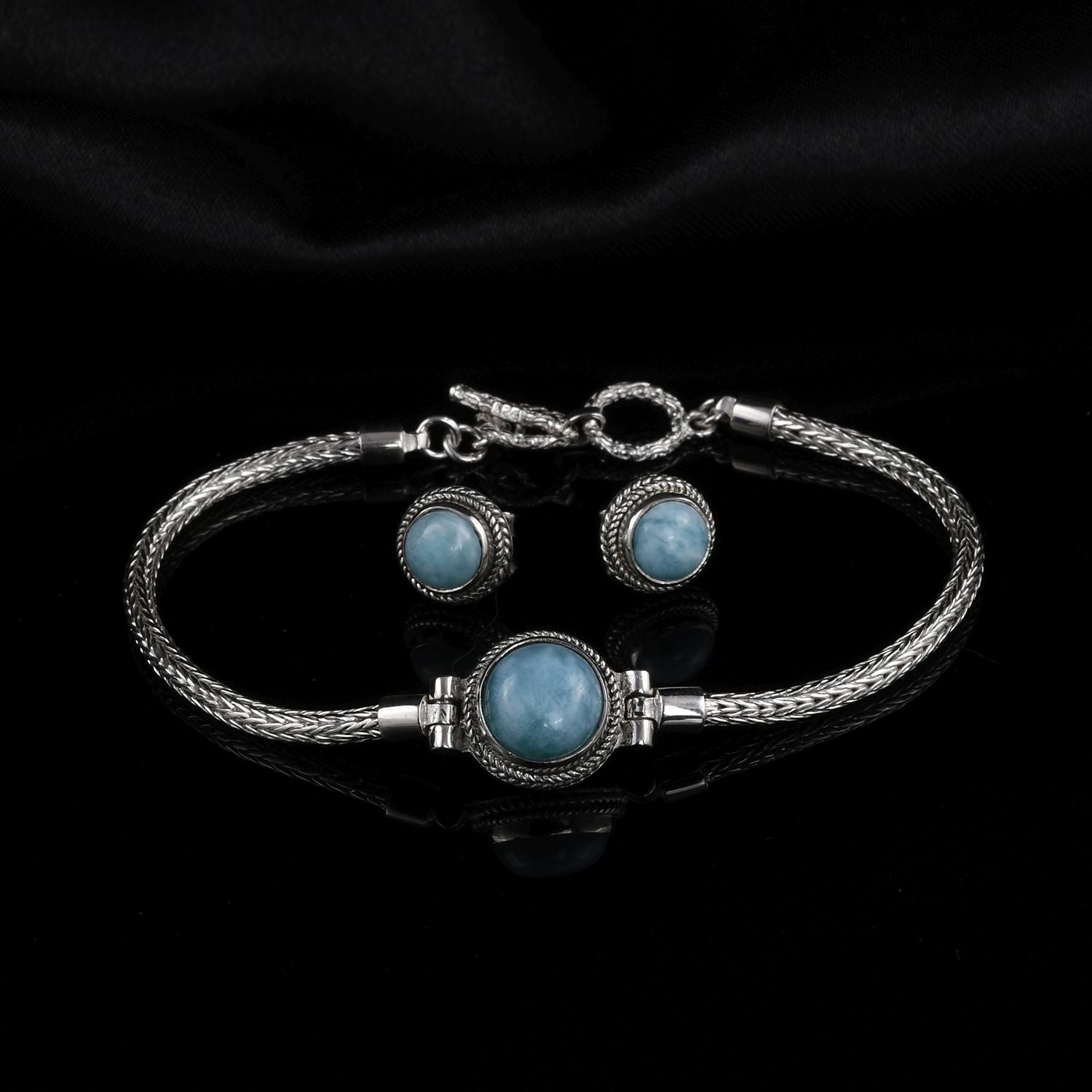 2er Set Royal Bali - Larimar Armband und Ohrringe, 925 Silber, ca. 7.00 ct