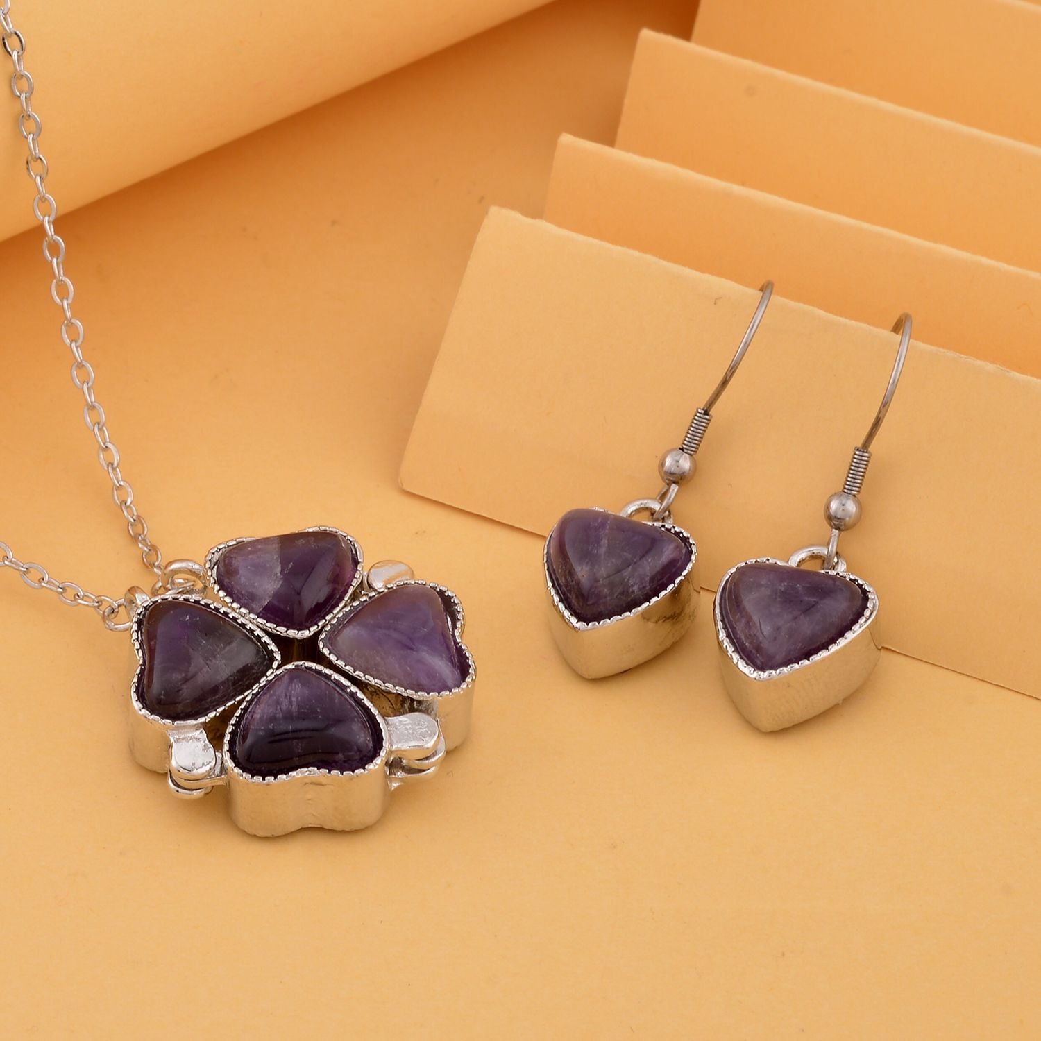 2er-Set - Vielseitiger Amerikanische Amethyst Magnet-Anhänger mit Kristall-Rückseite, als Halskette oder Anhänger tragbar, und Ohrringe