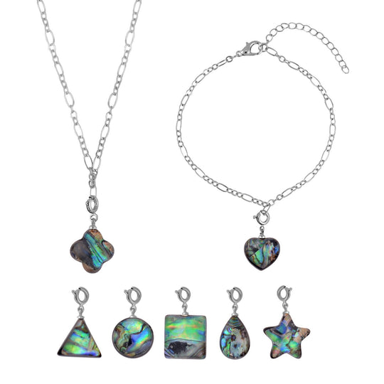 7 Wechselcharme Set mit Abalone Muschel-Anhängern, Armband und Kette, geometrischen Motiven, Reiner Edelstahl, goldfarben