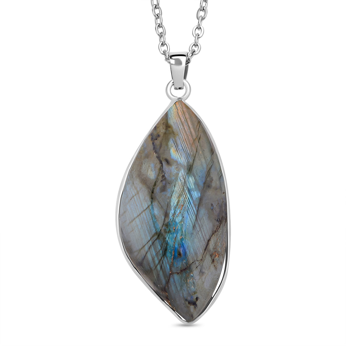 Labradorit Anhänger mit Kette, Messing und Edelstahl ca. 55.00 ct