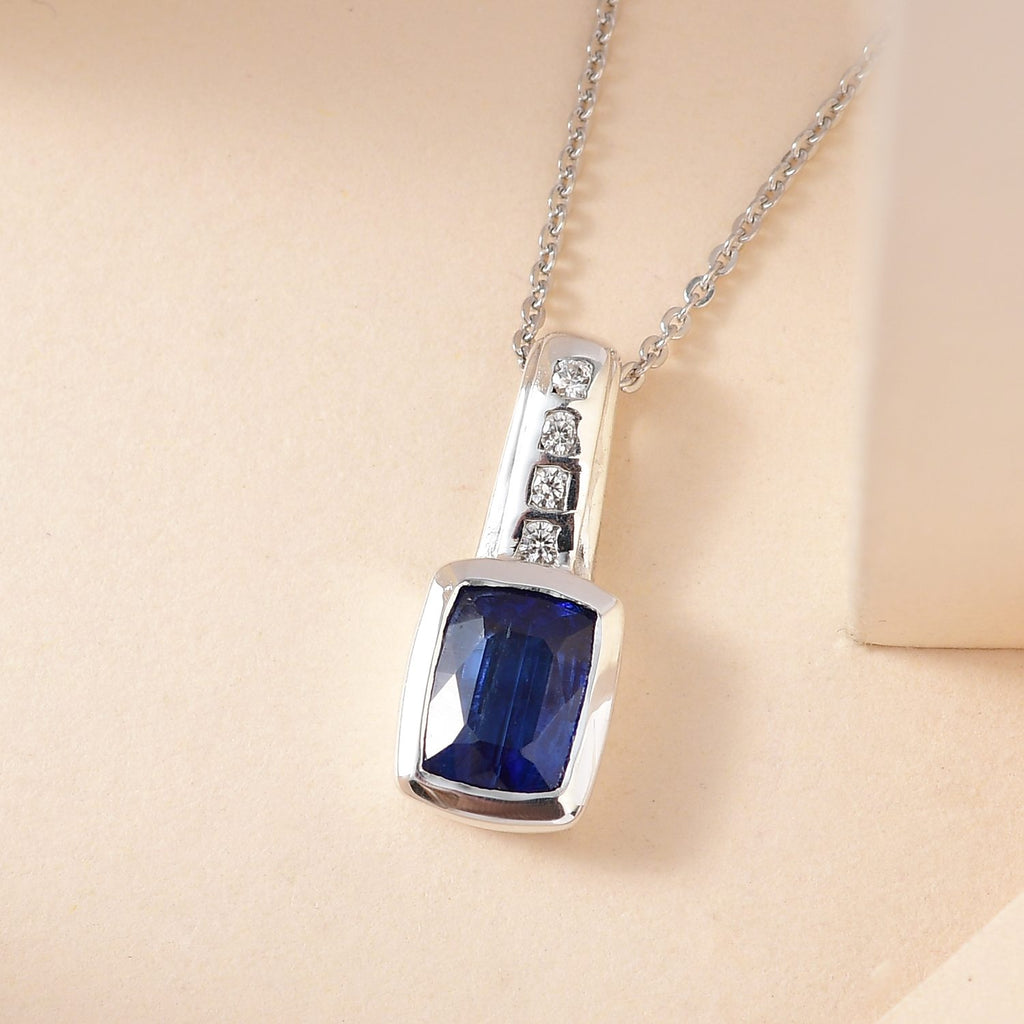 Kaschmir Kyanit, weißer Zirkon Anhänger mit Kette, 925 Silber platiniert ca. 1.71 ct