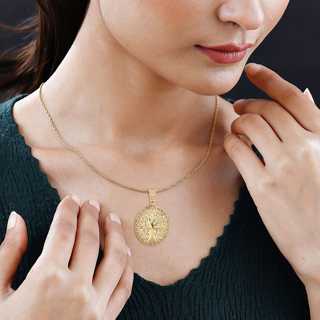 Lebensbaum-Anhänger weißer Kristall mit Kette, goldfarben