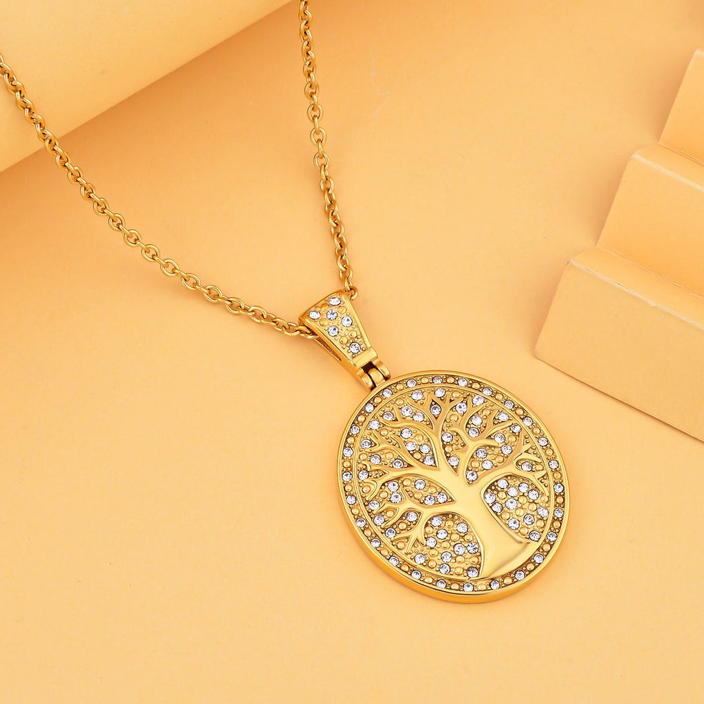 Lebensbaum-Anhänger weißer Kristall mit Kette, goldfarben