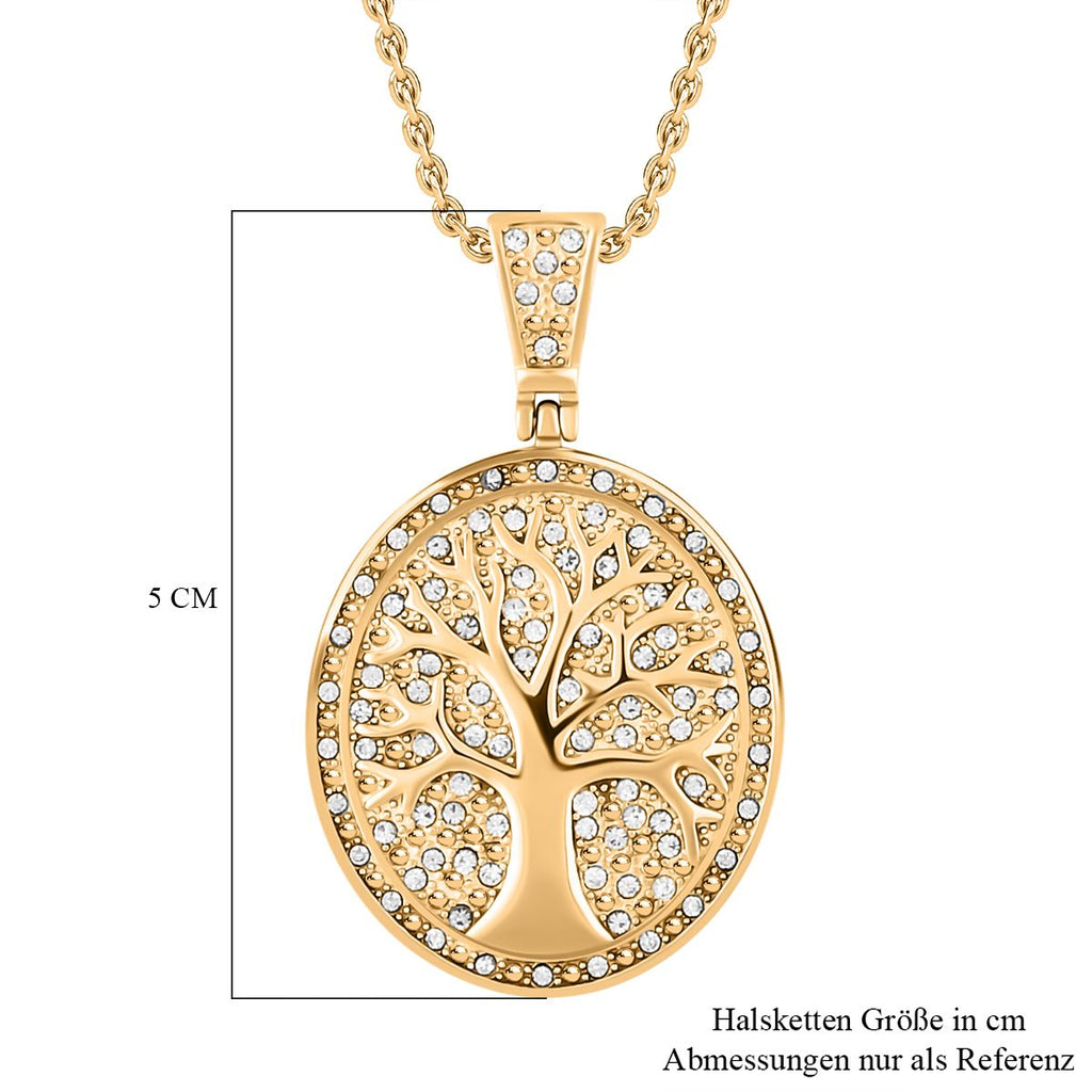 Lebensbaum-Anhänger weißer Kristall mit Kette, goldfarben