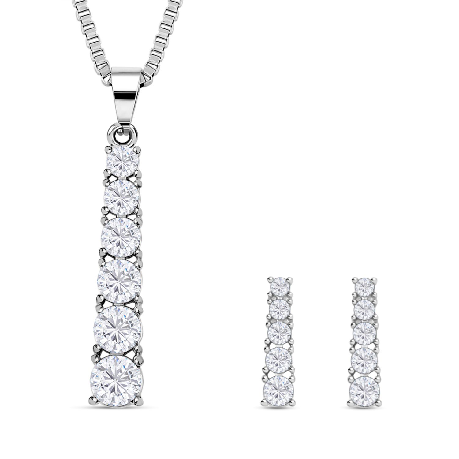 2er Set - Brillantes, weißes, rund geschliffenes Kristall-Schmuckset, mit Ohrringe und Halskette 316L Edelstahl