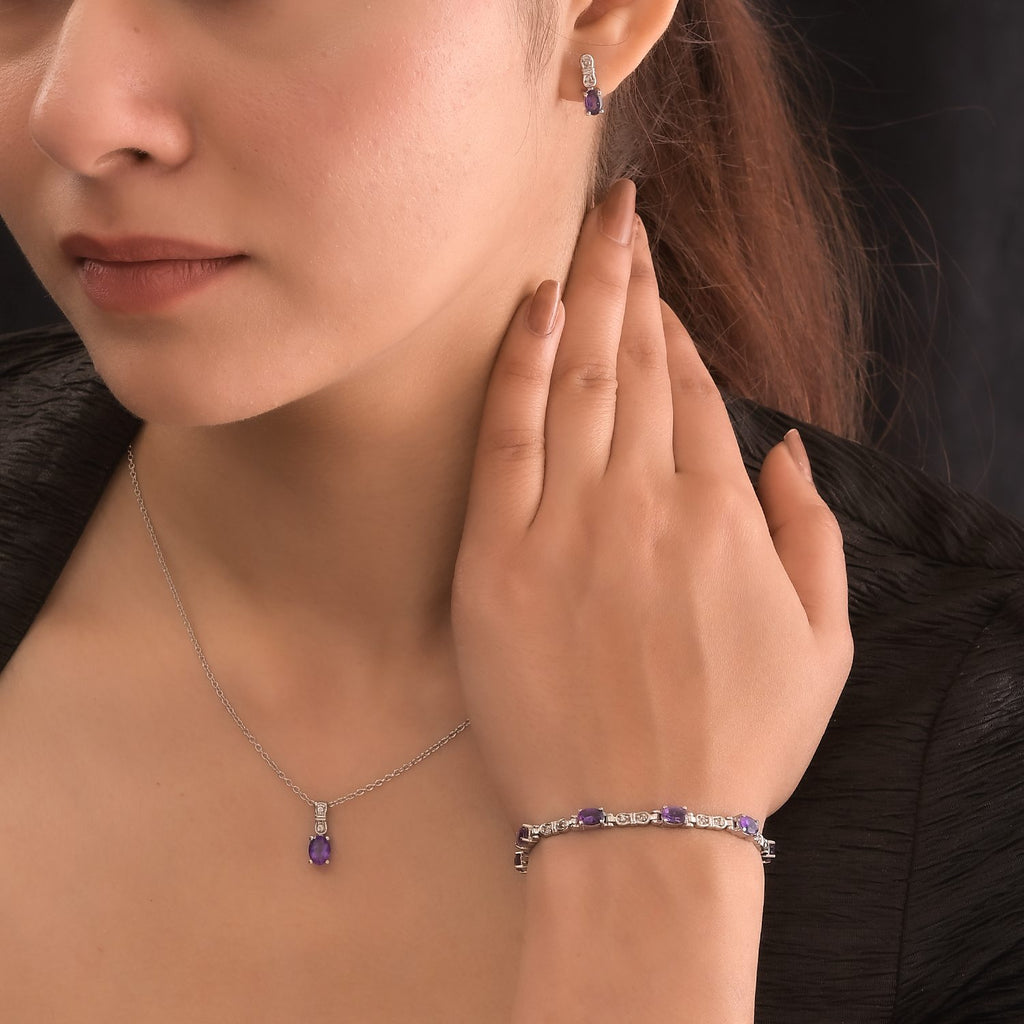 3er Set, afrikanische Amethyst Ohrringe, Armband, Anhänger mit Kette, Edelstahl, ca. 7.28 ct