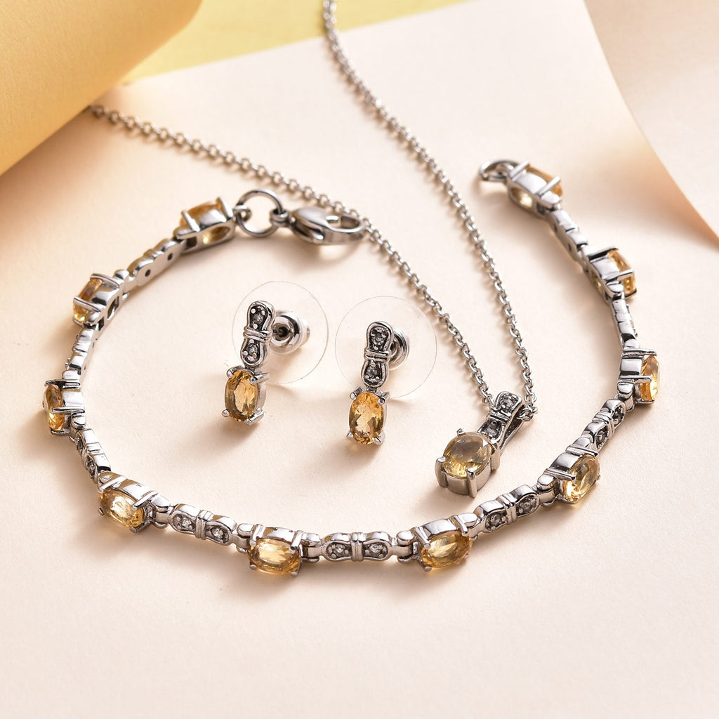 3er Set, Citrin Ohrringe, Armband, Anhänger mit Kette, Edelstahl, ca. 7.28 ct