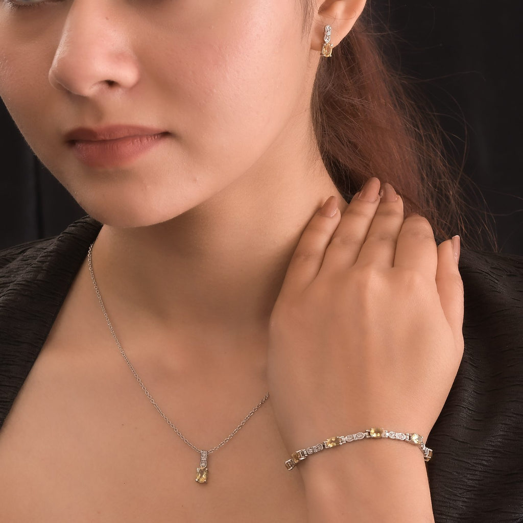 3er Set, Citrin Ohrringe, Armband, Anhänger mit Kette, Edelstahl, ca. 7.28 ct