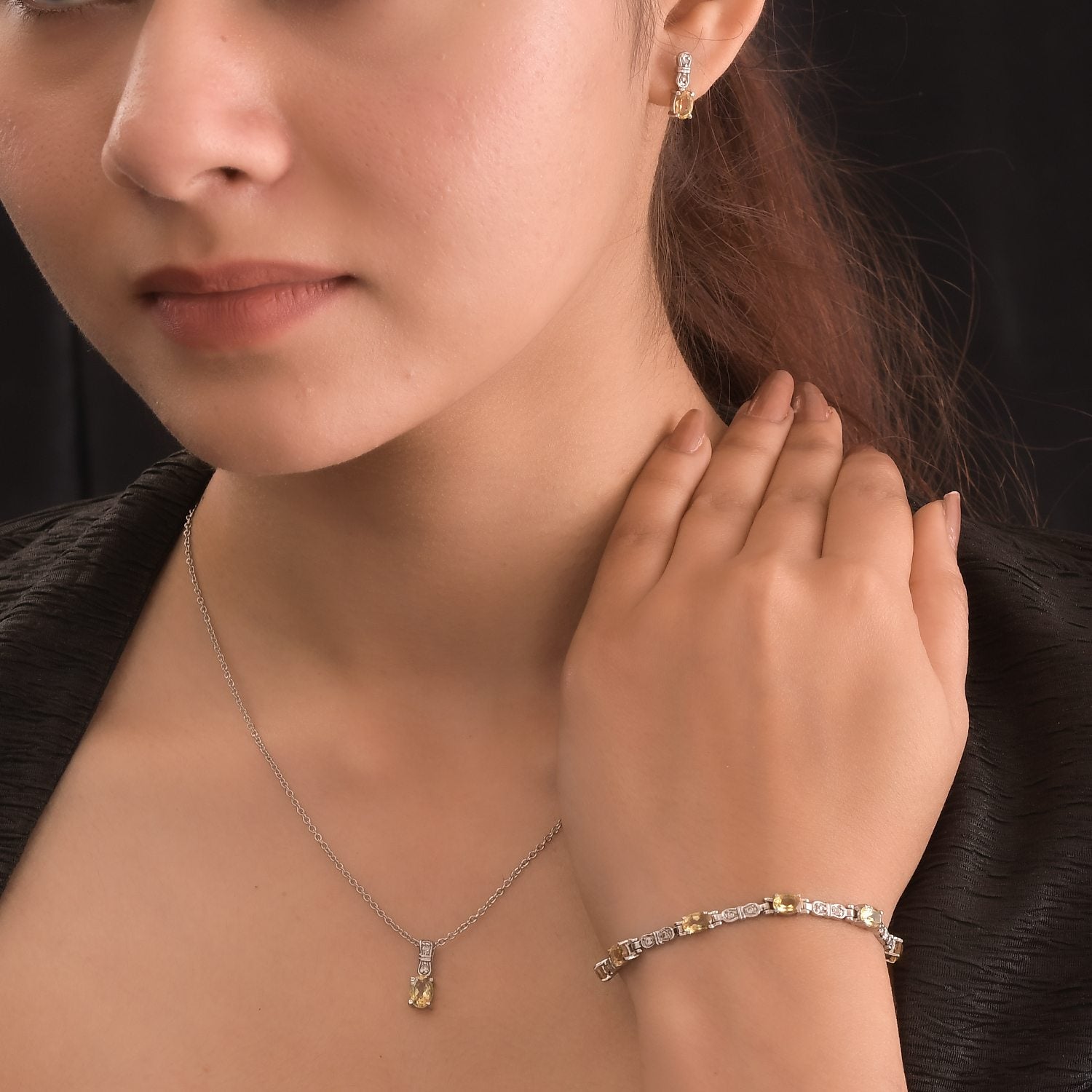 3er Set, Citrin Ohrringe, Armband, Anhänger mit Kette, Edelstahl, ca. 7.28 ct