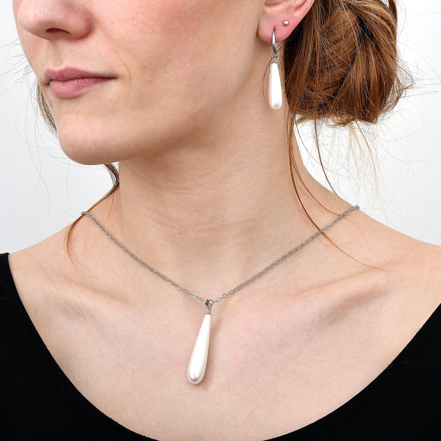2er Set - Weiße Muschelkernperle Anhänger und Ohrringe Schmuckset, 925 Silber rhodiniert, Regentropfen