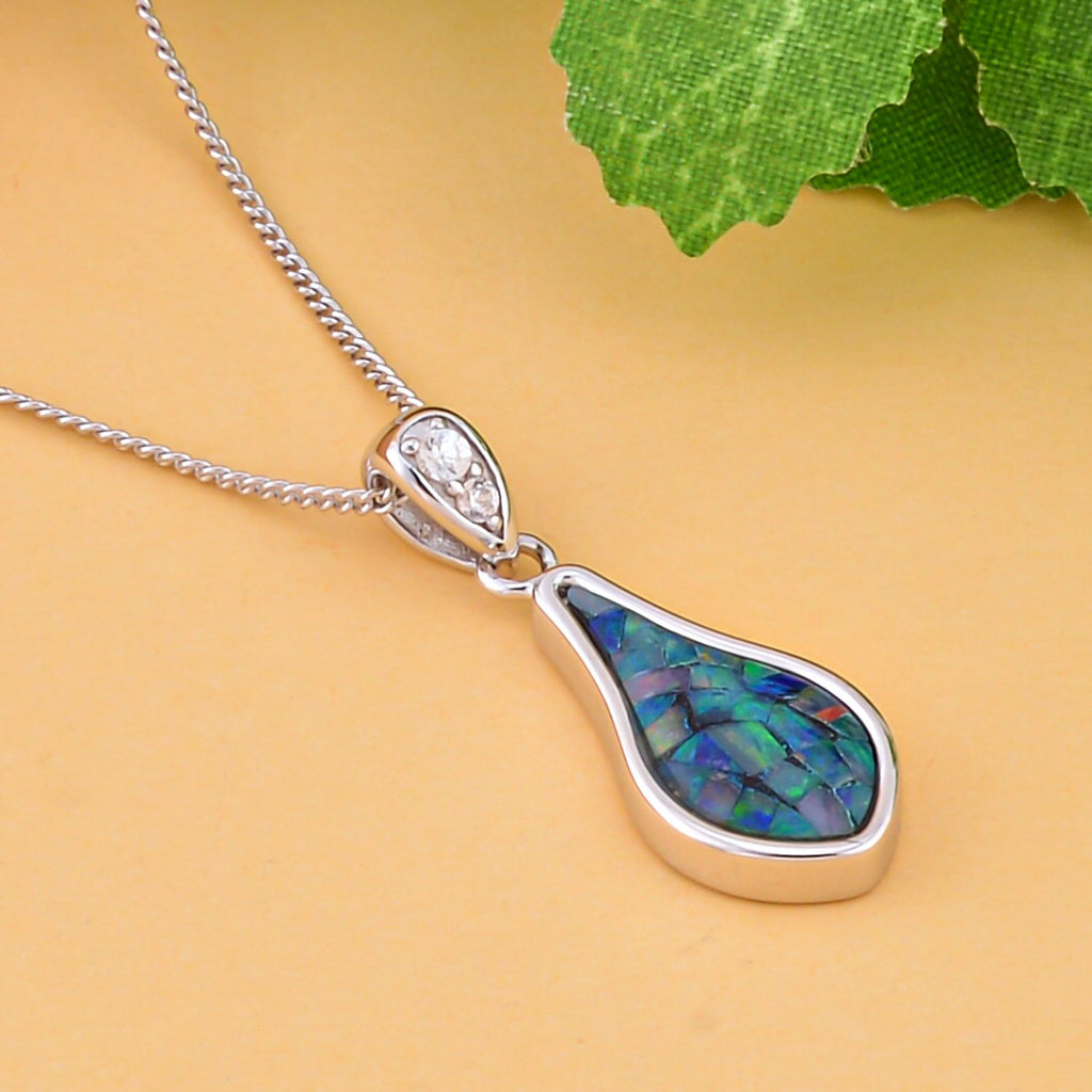Mosaik-Opal, weißer Zirkon Tropfenanhänger mit Kette im Schmuckset, 925 Silber rhodiniert ca. 1.04 ct