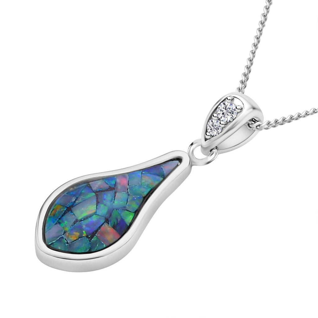Mosaik-Opal, weißer Zirkon Tropfenanhänger mit Kette im Schmuckset, 925 Silber rhodiniert ca. 1.04 ct