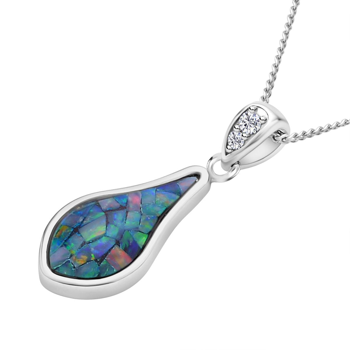 Mosaik-Opal, weißer Zirkon Tropfenanhänger mit Kette im Schmuckset, 925 Silber rhodiniert ca. 1.04 ct