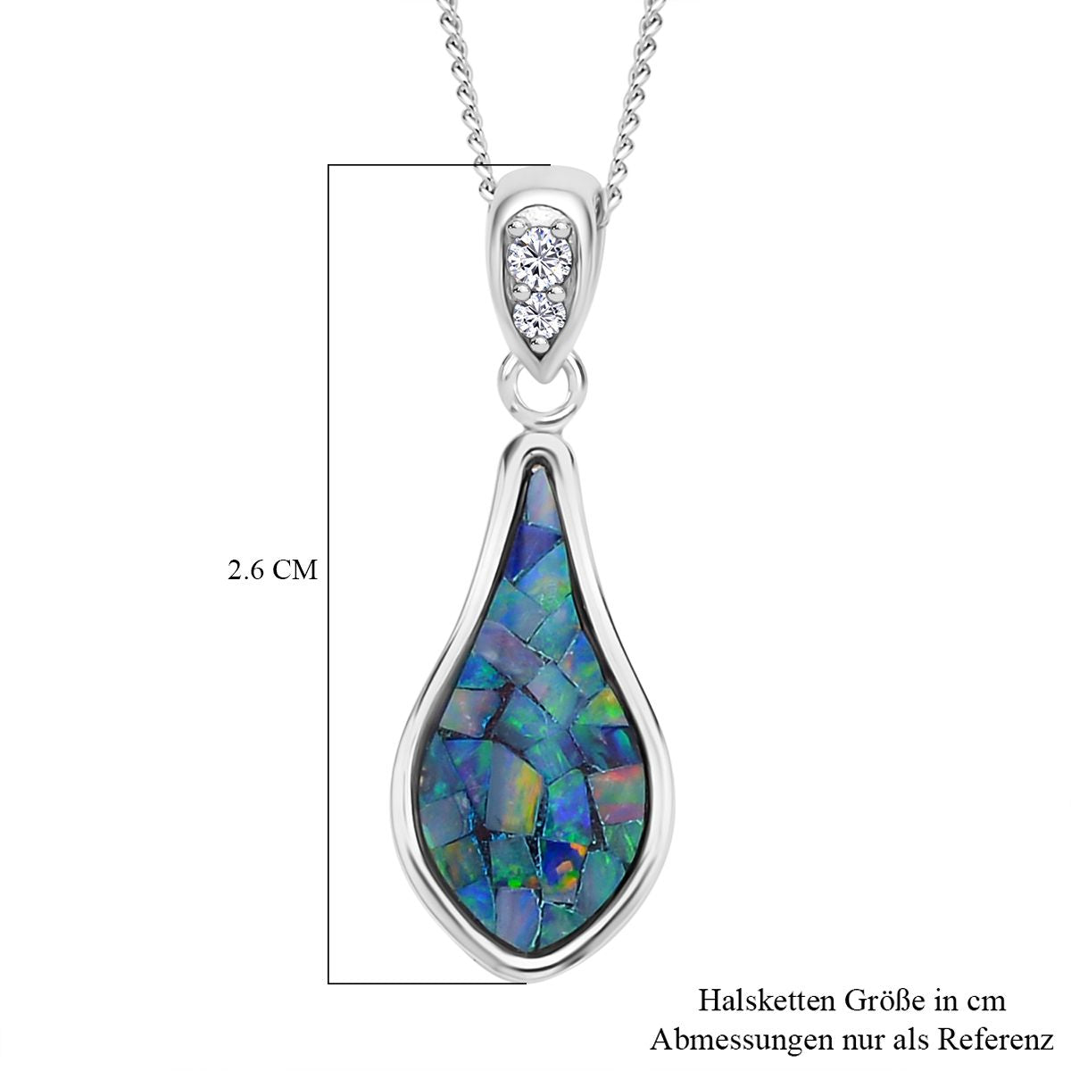 Mosaik-Opal, weißer Zirkon Tropfenanhänger mit Kette im Schmuckset, 925 Silber rhodiniert ca. 1.04 ct