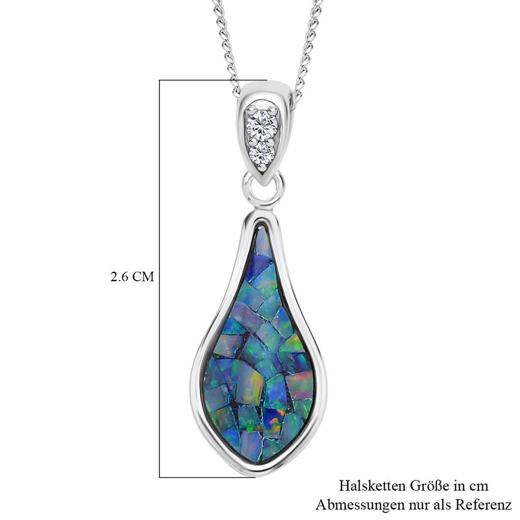 Mosaik-Opal, weißer Zirkon Tropfenanhänger mit Kette im Schmuckset, 925 Silber rhodiniert ca. 1.04 ct