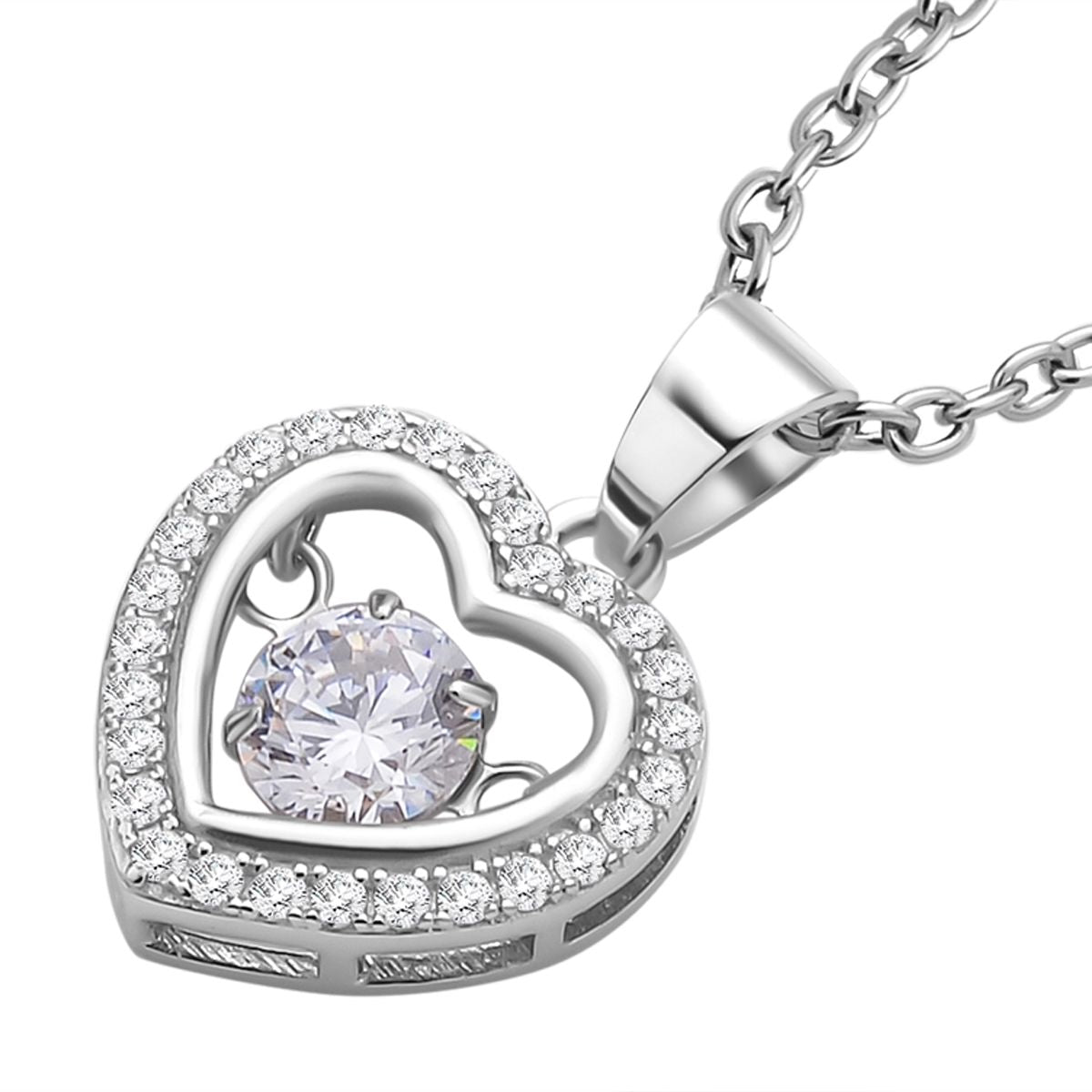 Weißer Zirkonia im herzförmigem Anhänger mit Kette, 925 Silber rhodiniert und Edelstahl, ca. 1,02 ct