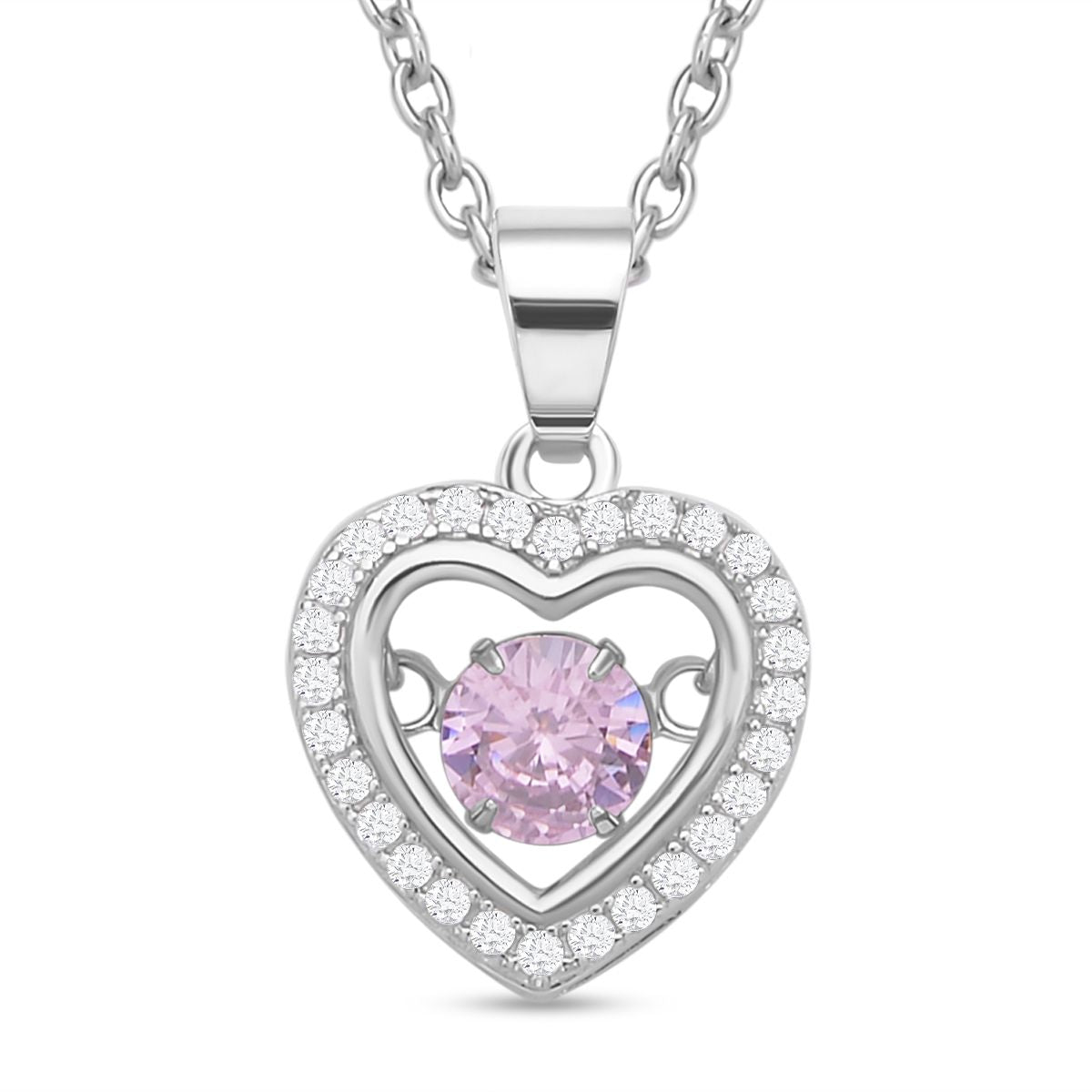 Rosa und weißer Zirkonia im herzförmigem Anhänger mit Kette, 925 Silber rhodiniert und Edelstahl, ca. 1.02 ct