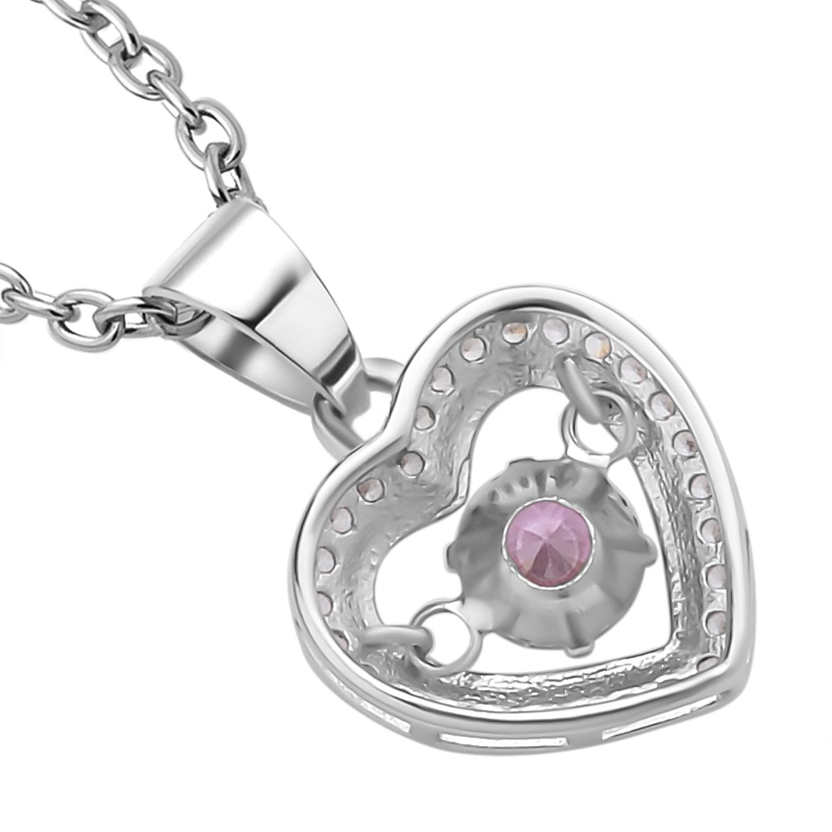 Rosa und weißer Zirkonia im herzförmigem Anhänger mit Kette, 925 Silber rhodiniert und Edelstahl, ca. 1.02 ct
