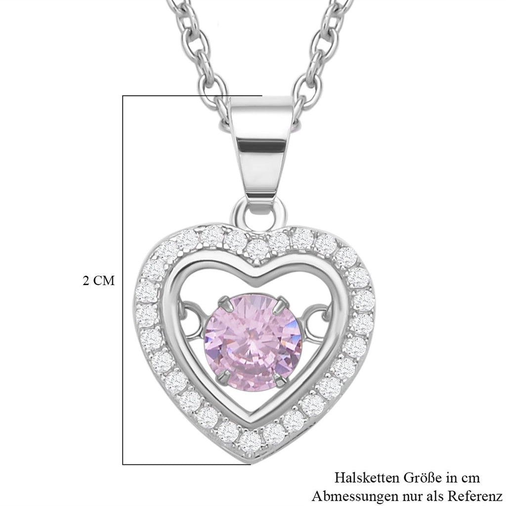 Rosa und weißer Zirkonia im herzförmigem Anhänger mit Kette, 925 Silber rhodiniert und Edelstahl, ca. 1.02 ct
