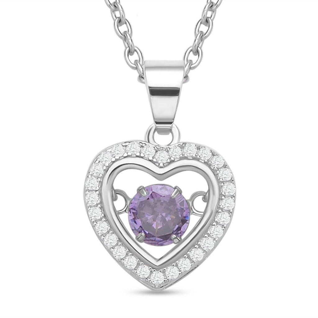 Lila und weißer Zirkonia im herzförmigem Anhänger mit Kette, 925 Silber rhodiniert und Edelstahl, ca. 1.02 ct