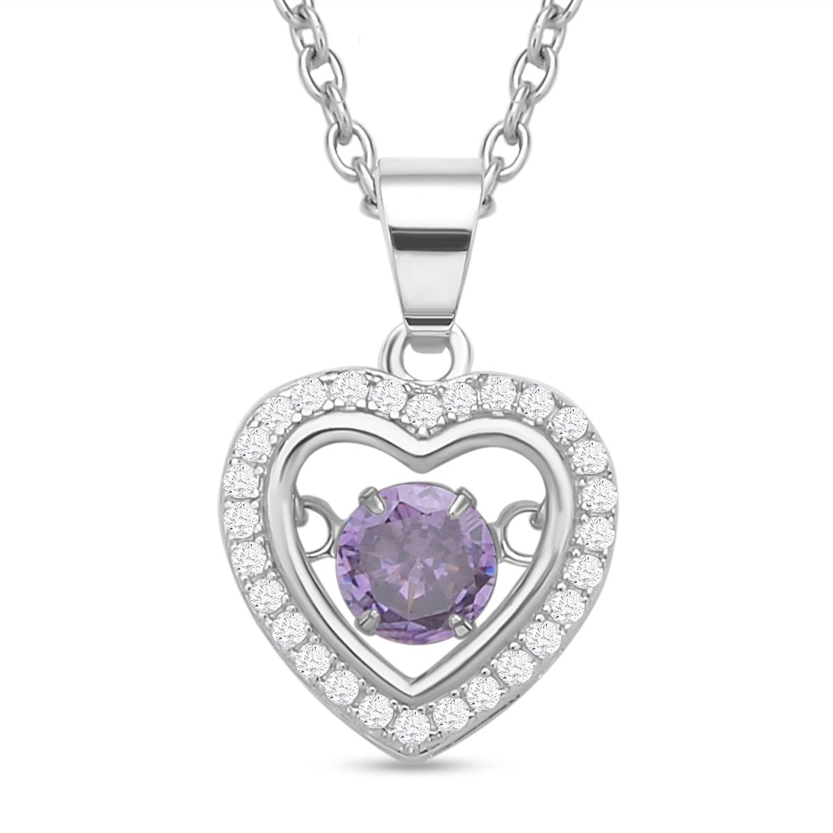 Lila und weißer Zirkonia im herzförmigem Anhänger mit Kette, 925 Silber rhodiniert und Edelstahl, ca. 1.02 ct