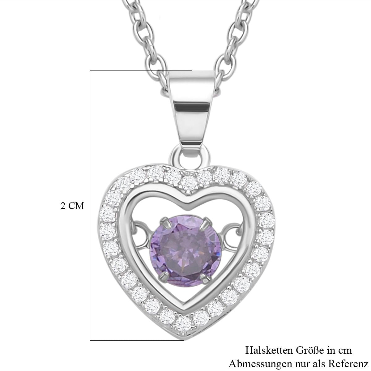 Lila und weißer Zirkonia im herzförmigem Anhänger mit Kette, 925 Silber rhodiniert und Edelstahl, ca. 1.02 ct