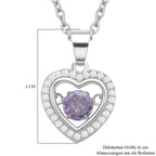 Lila und weißer Zirkonia im herzförmigem Anhänger mit Kette, 925 Silber rhodiniert und Edelstahl, ca. 1.02 ct