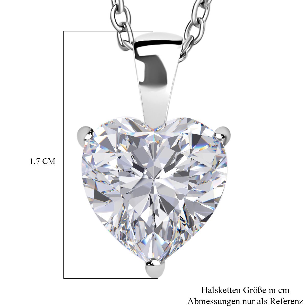 Weißer Zirkonia Herz Anhänger mit Kette, 925 Silber rhodiniert und Edelstahl ca. 5.65 ct