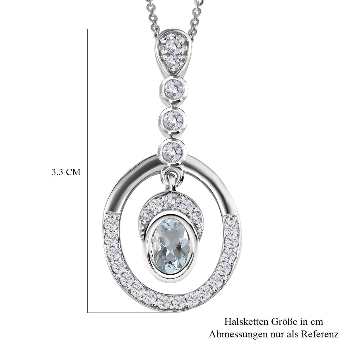 Espirito Santo Aquamarin und weißer Zirkon Anhänger mit Kette , 925 Silber platiniert ca. 1.31 ct