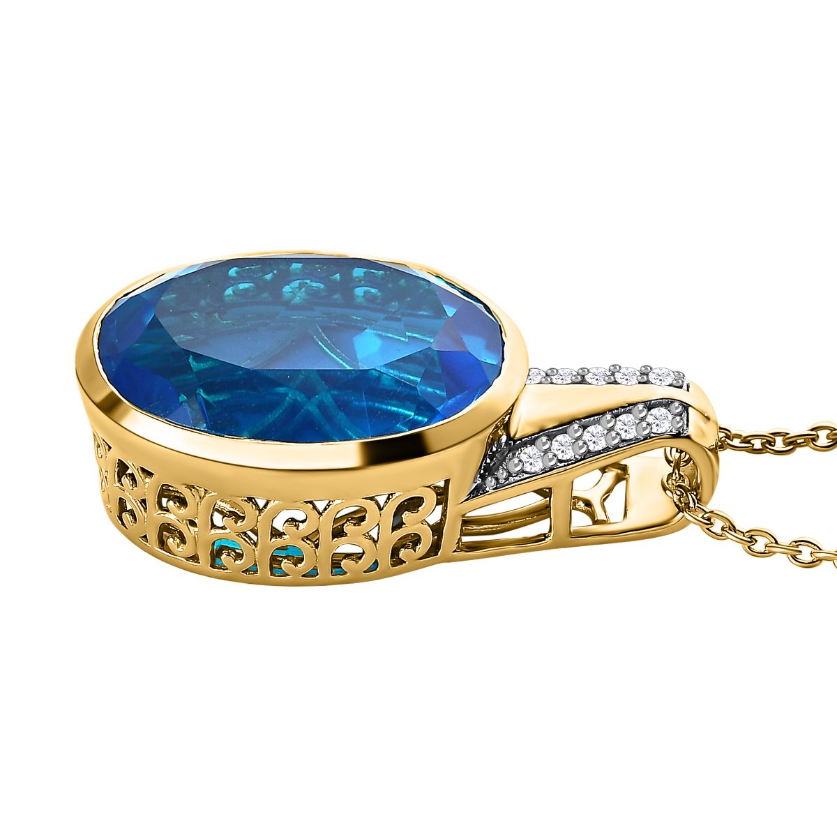 Karibik Quarz, weißer Zirkon Anhänger mit Kette, 925 Silber vergoldet, ca. 19.20 ct