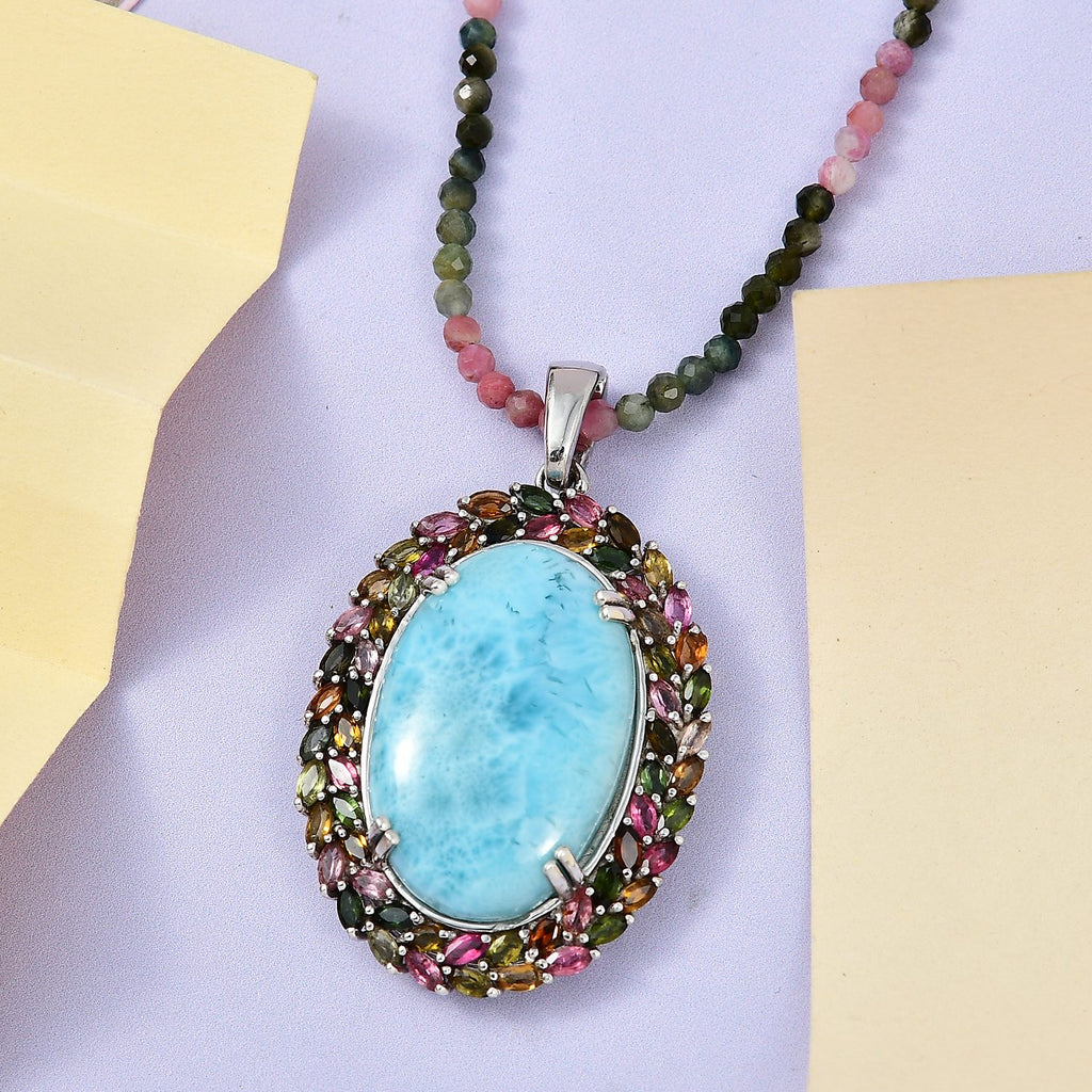 Larimar, mehrfarbige Turmalin Kette mit Anhänger, 925 Silber platiniert, ca. 79.50 ct