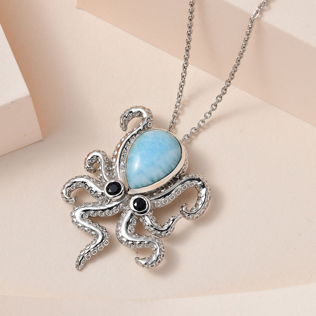 GP Kollektion - Larimar, Schwarzer Spinell Anhänger mit Kette, 925 Silber platiniert ca. 6.83 ct
