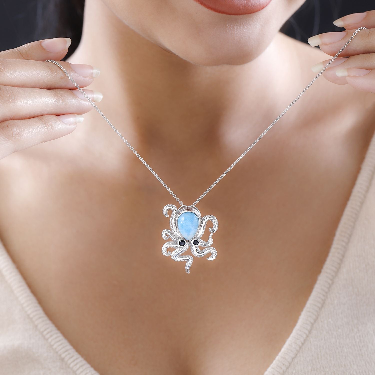 GP Kollektion - Larimar, Schwarzer Spinell Anhänger mit Kette, 925 Silber platiniert ca. 6.83 ct