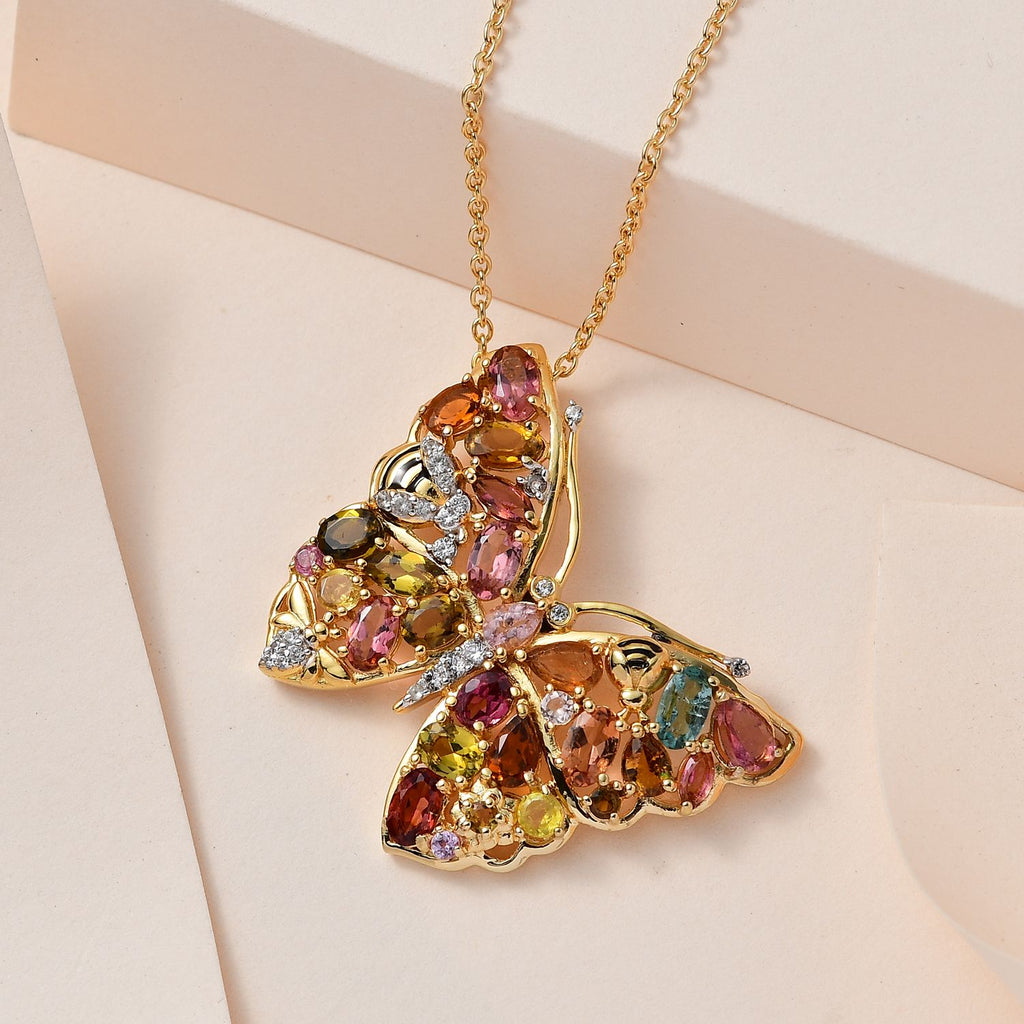 Mehrfarbige-Turmalin Anhänger mit Kette, 925 Silber Gelbgold Vermeil, ca. 6.28 ct