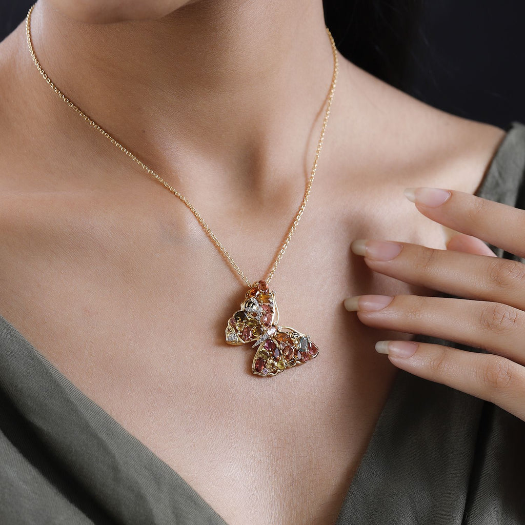 Mehrfarbige-Turmalin Anhänger mit Kette, 925 Silber Gelbgold Vermeil, ca. 6.28 ct