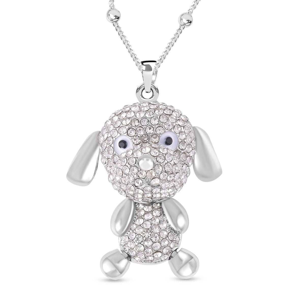 Schwarz-weißer Kristall Hund Kette mit beweglichem Anhänger, silberfarben