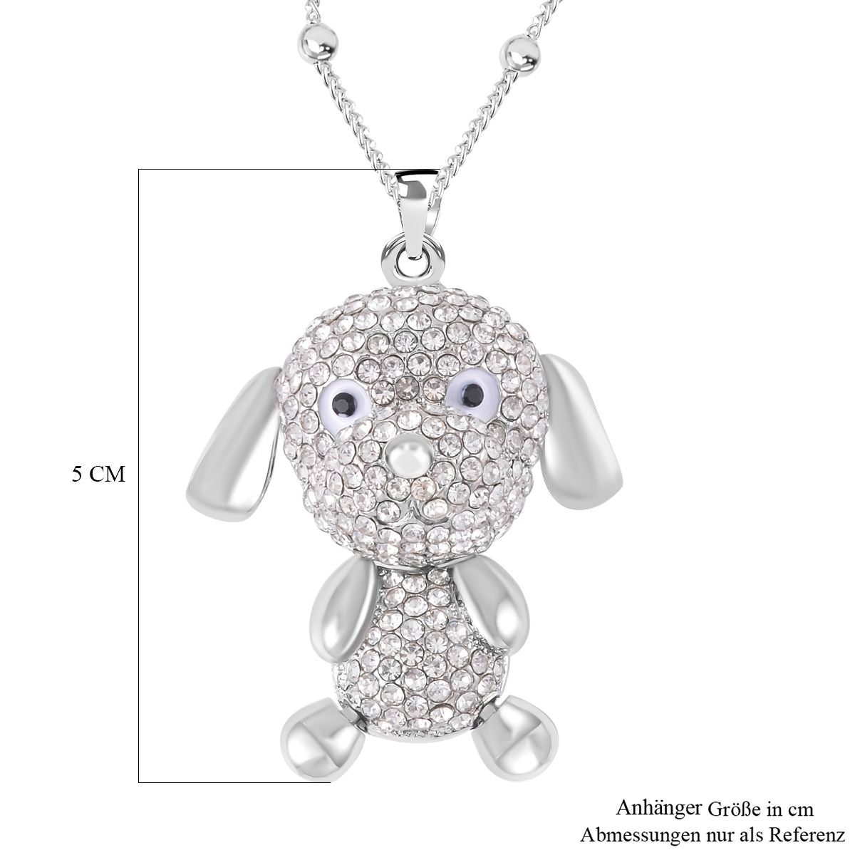 Schwarz-weißer Kristall Hund Kette mit beweglichem Anhänger, silberfarben