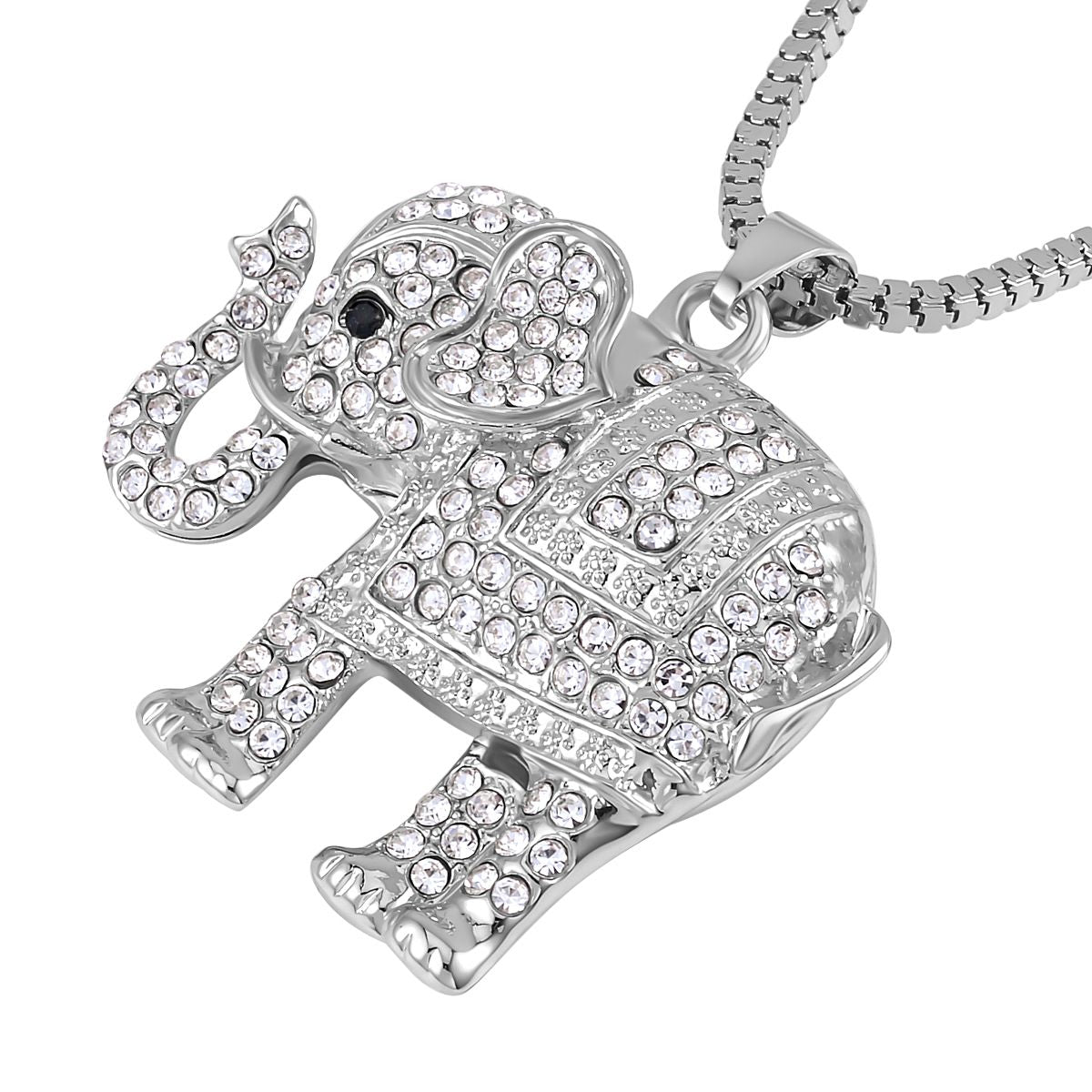 Glitzernder Elefanten-Anhänger mit Kette, weißem und schwarzem Kristall, silberfarben