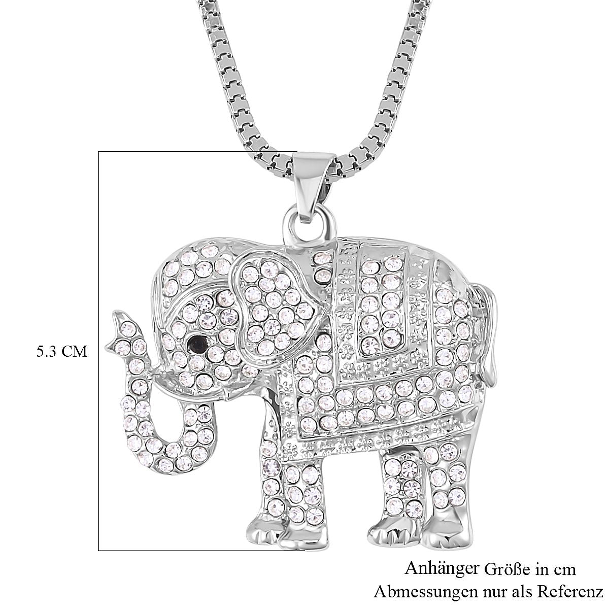 Glitzernder Elefanten-Anhänger mit Kette, weißem und schwarzem Kristall, silberfarben